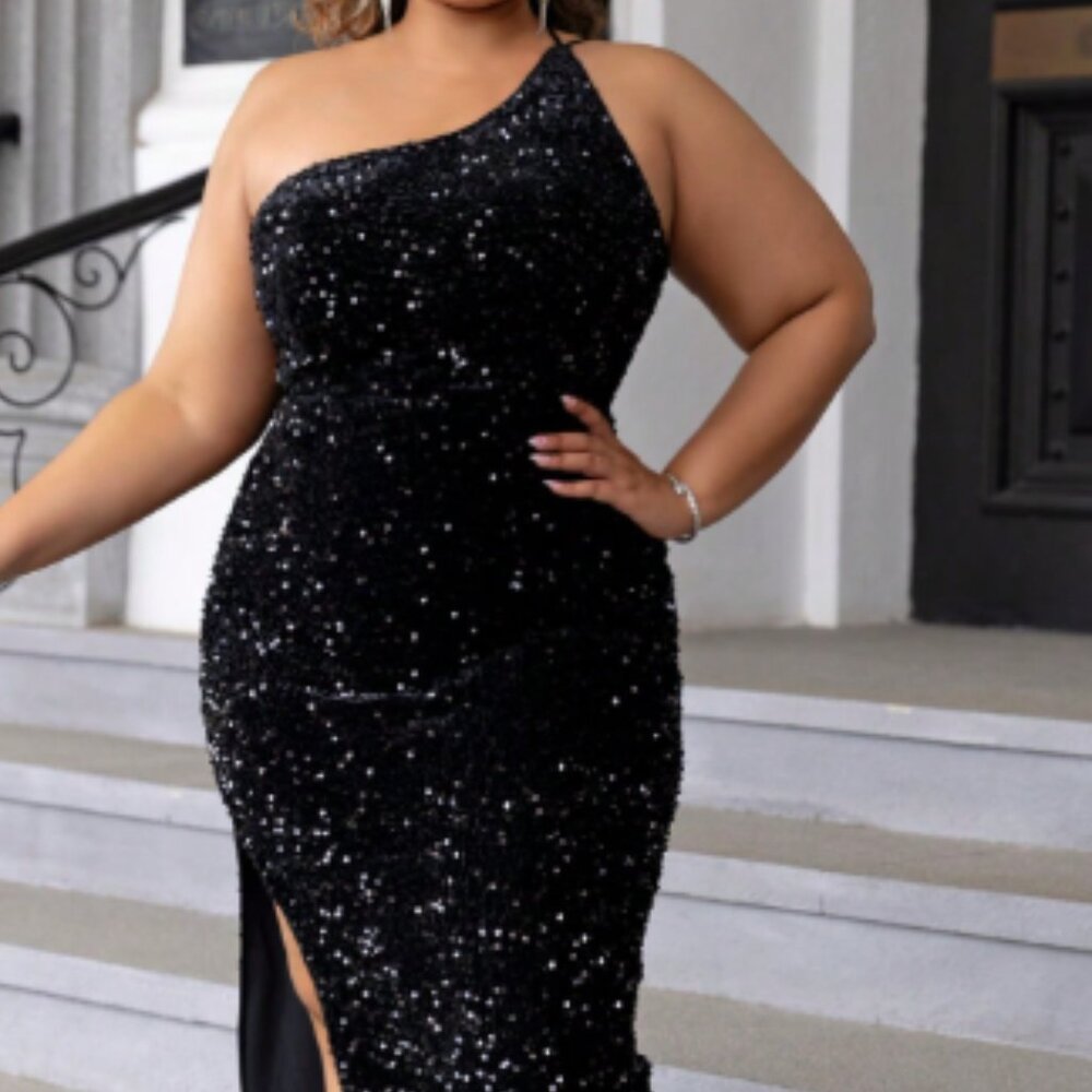 Plus Size One Shoulder Split Thigh Sequin Formal … - image 3